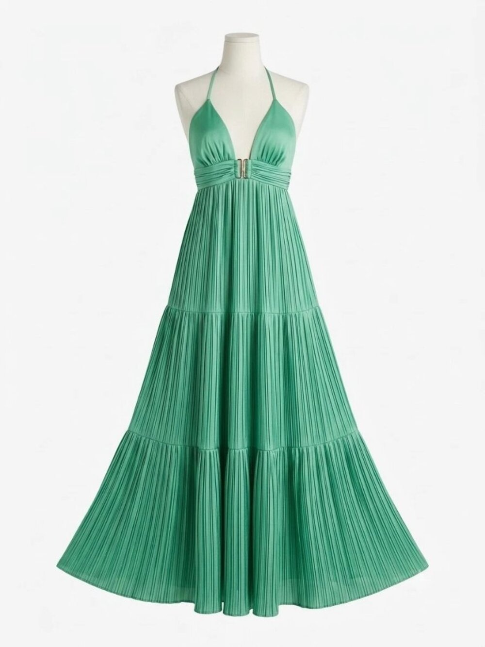 ba&sh Green Pleated Halter Maxi Dress Tiered Plisse Wedding Guest Boho Size S